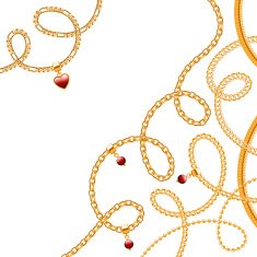 Different golden chains and heart gemstone pendant background