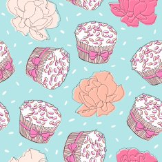 Cupcakes and roses seamless pattern N2