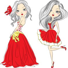 Vector set beautiful fashion girls in red dresses N2