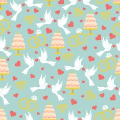 Vintage wedding seamless pattern set Hearts pigeons cake rings