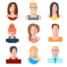 Set of people icons in flat style with faces N2