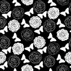 Beautiful seamless background with monochrome black and white butterflies roses