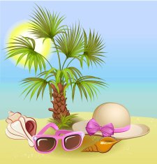 summer holiday background with palm hat shells and sunglasses