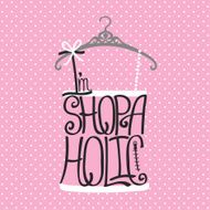 Silhouette of woman shirt from words shopaholic Polka dot backg