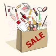 Paper bag with cosmetic products for makeup on sale