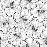 Black and white seamless pattern with hibiscus flowers N2
