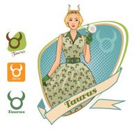 Vector zodiac signs set for horoscope with retro girls Taurus