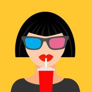 Brunet girl at the Cinema theatre 3D glasses drinking soda