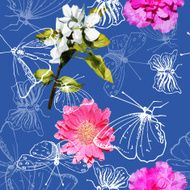 Spring seamless pattern with flowers and butterflies