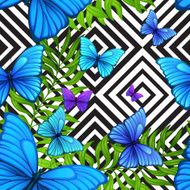 Vector palm leaves tropical pattern with blue butterfly N3