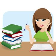 cartoon smart girl writing book on table