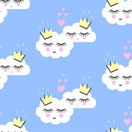 Seamless pattern with white smiling sleeping clouds in love N2