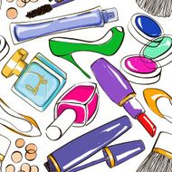 Seamless pattern of women&#039;s cosmetics and shoes