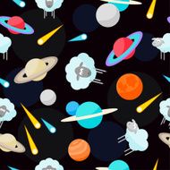 Planets comets and cute sheep in open space seamless pattern