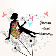 Illustration with girl in a floral dress sit environment