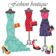Three colored dresses with accessories Fashion illustration