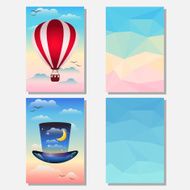 Bright set with hat hotair balloon and abstract polygonal background