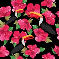 Floral seamless pattern with beautiful toucans