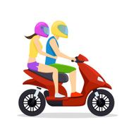 Young man and woman couple riding on scooter