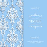 Vector Blue 3d Vintage Invitation Card with Floral Damask Pattern N7