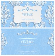 Vector Blue 3d Vintage Invitation Template with Floral Damask Pattern