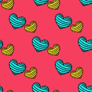 Seamless striped pattern with hearts on a pink background
