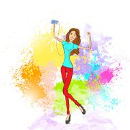 Woman Listen To Music Hold Player Casual Over Colorful N4