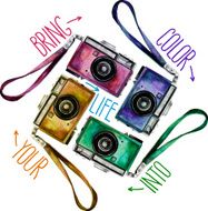 Watercolor set of multicolor vintage reflex cameras