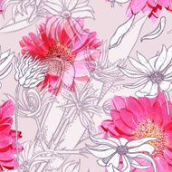 Seamless pattern transparent flowers and plants realistic style line art