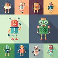 Set of colorful robots flat square icons with long shadows