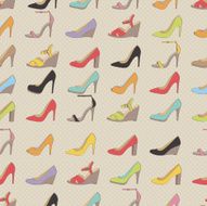 Seamless lady&#039;s shoes colorful pattern Beige polka dot background