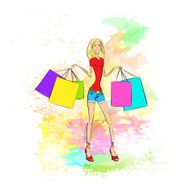 shopping woman with bags over colorful splash casual girl
