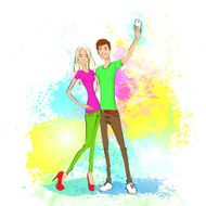 couple taking selfie photo on smart phone over colorful splash