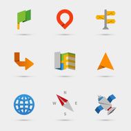 Map location and navigation icons in flat paper style