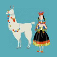 Lama Alpaca and knitting Peruvian woman