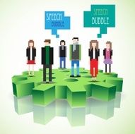 Pixel people standing on a 3d gear