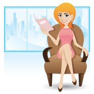 cartoon smart woman sitting on sofa and reading magazine