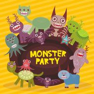Funny monsters party card design on yellow striped background Vector