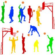 Silhouettes of men playing basketball