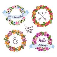 Set of 4 hand-drawn vintage flower wreath