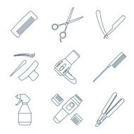 hairdresser tools dark color outline icons set