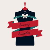 Lady sewing mannequin with title ribbon sample text