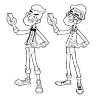 Two hipster with phone outlined on a white background