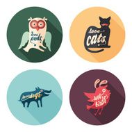 Set of love animals flat round icons with long shadows