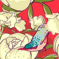 Seamless floral background with peonies bird N2