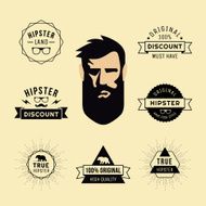 Hipster style guy and collection of vintage hipster labels