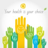 Green yellow and blue hands with symbols of healthy lifestyle