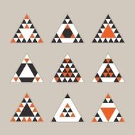 Geometrical equilateral orange black and white triangles icons set