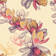 Seamless pattern with blooming magnolia flowers hand-drawing Vector illustration