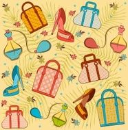 Cartoon woman&#039;s bag perfume and shoes Vector background